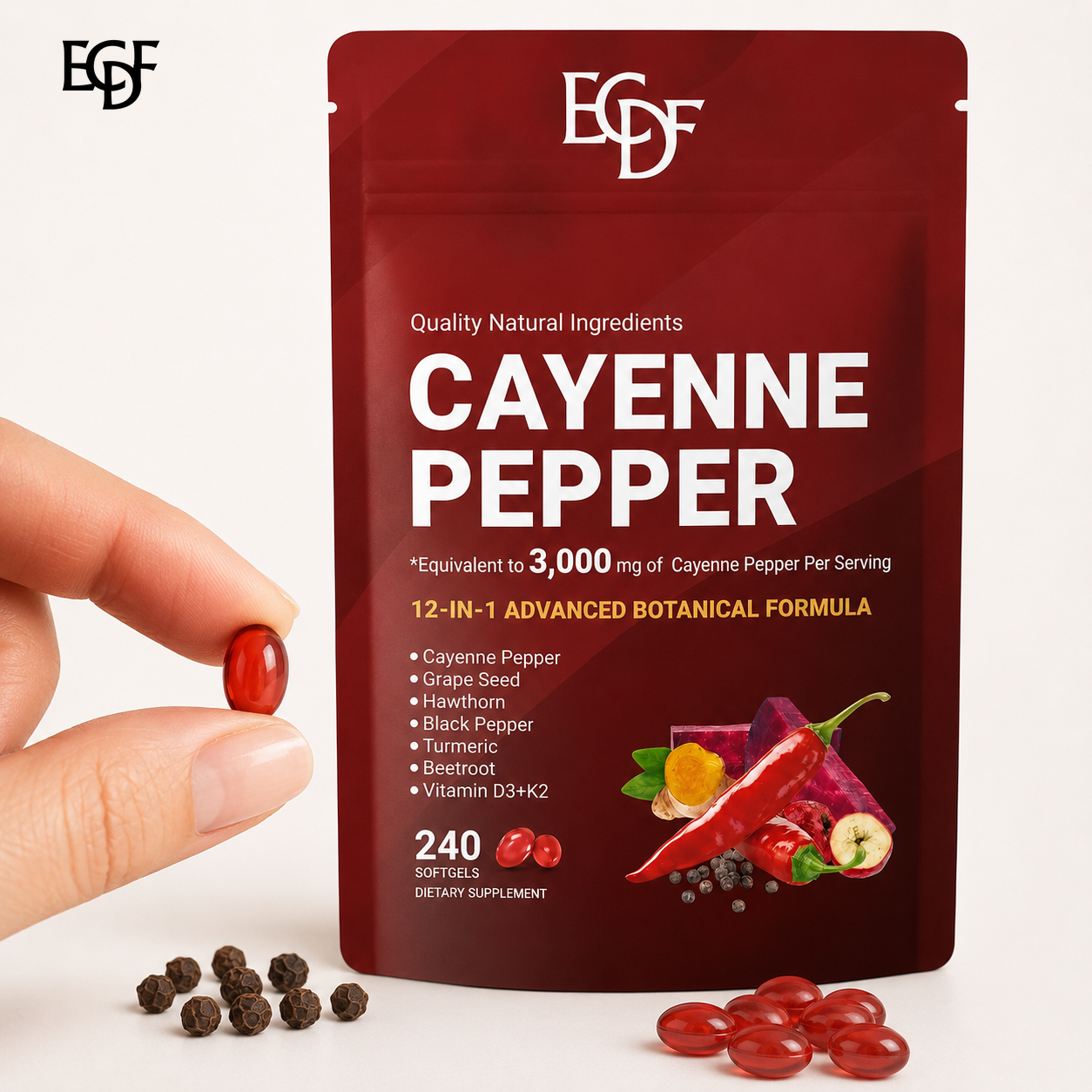 Red softgel with black pepper absorption
