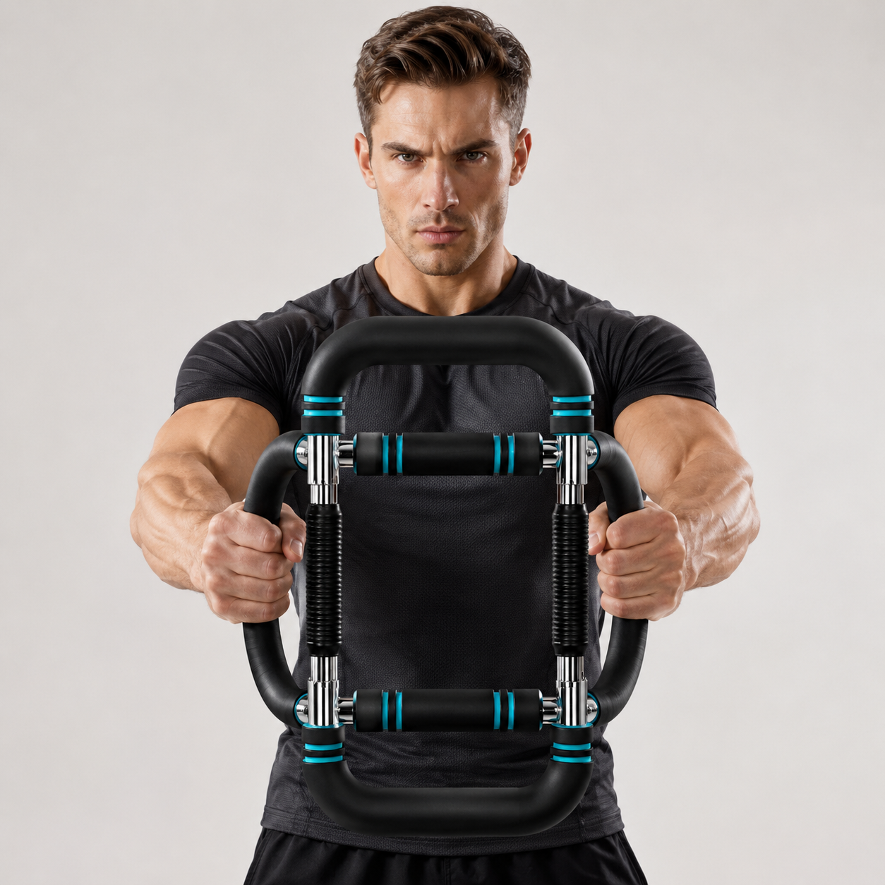 Portable arm and chest expander in use