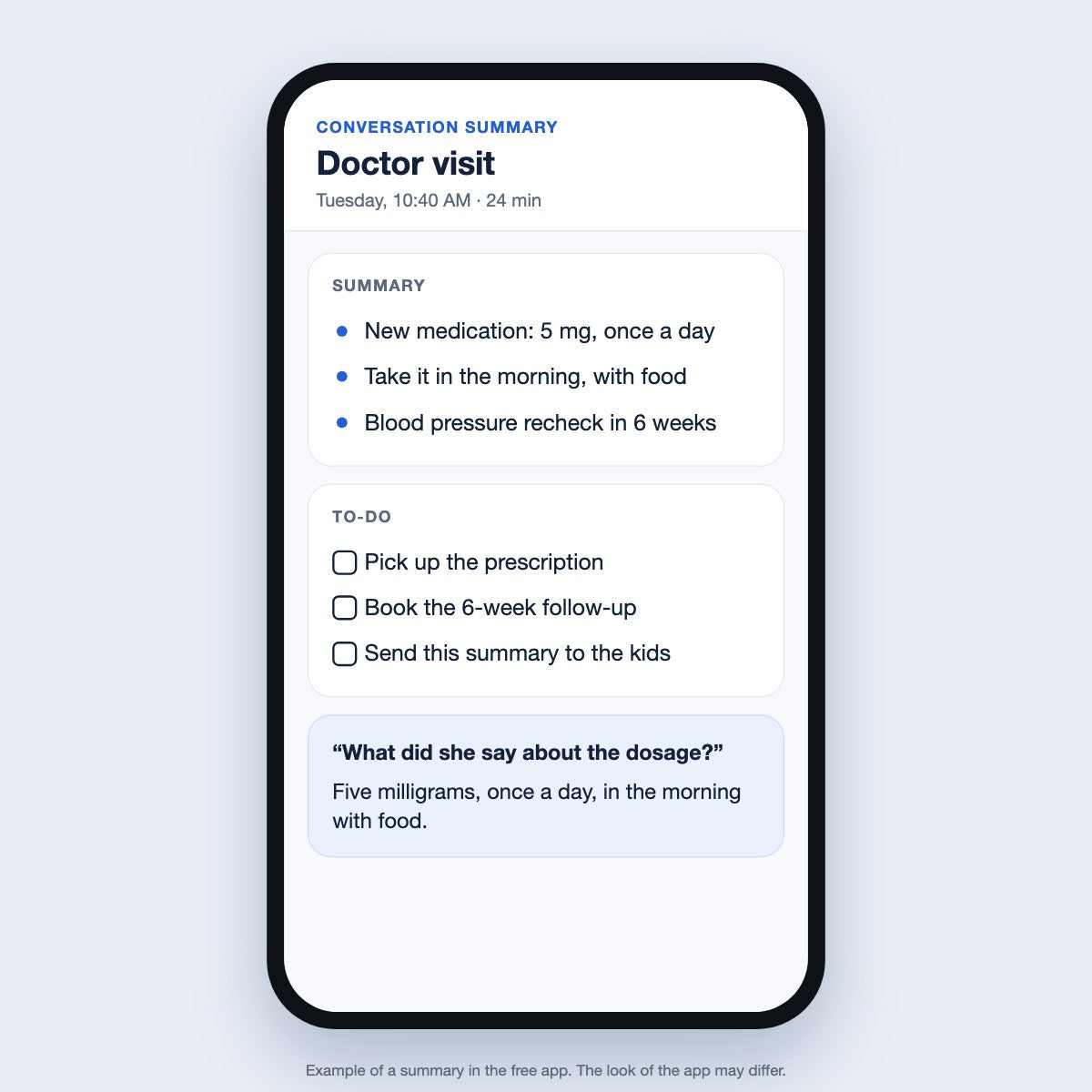 Example conversation summary in the free app