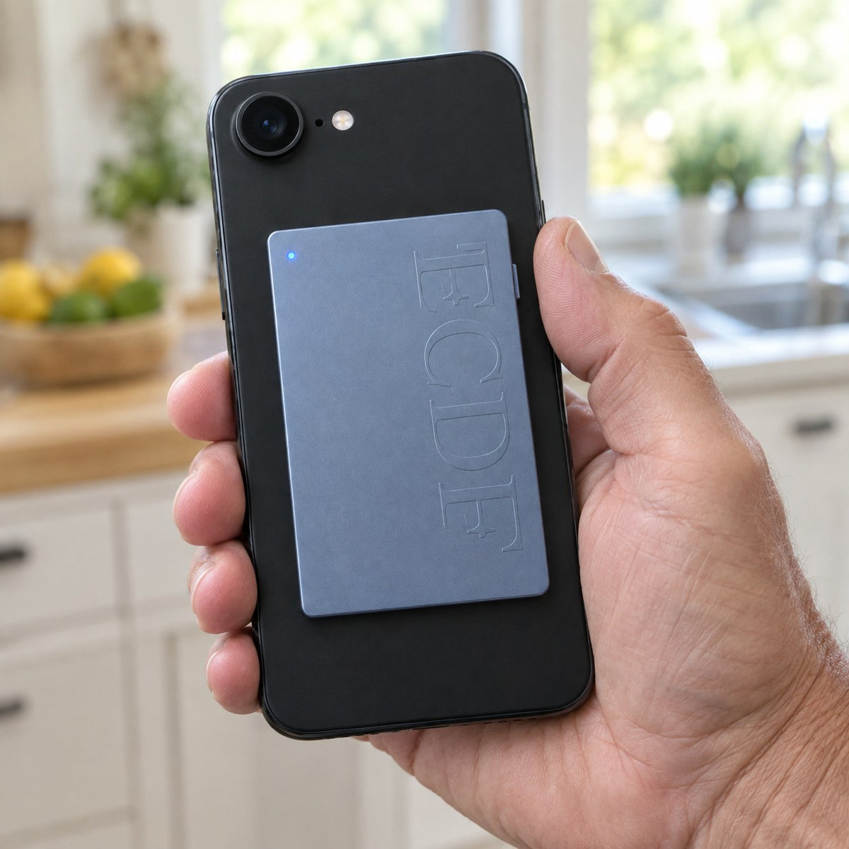 A hand holds a phone with the ECDF AI Note Taker card on its back