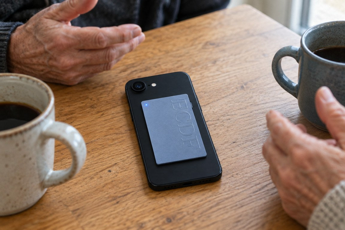 Phone face-down on a table with the ECDF card facing up during a conversation