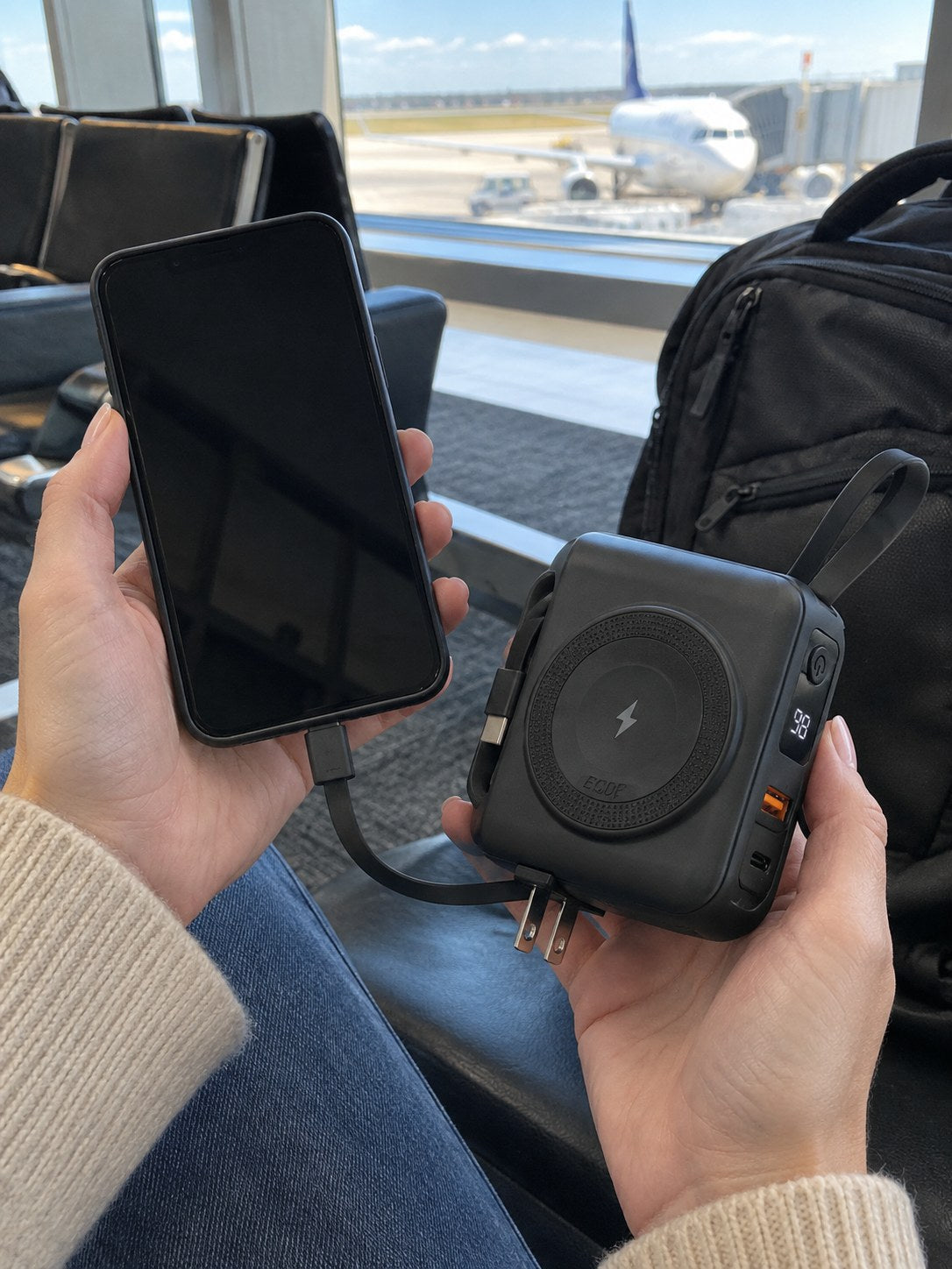 Charging a phone from the ECDF power bank at an airport gate