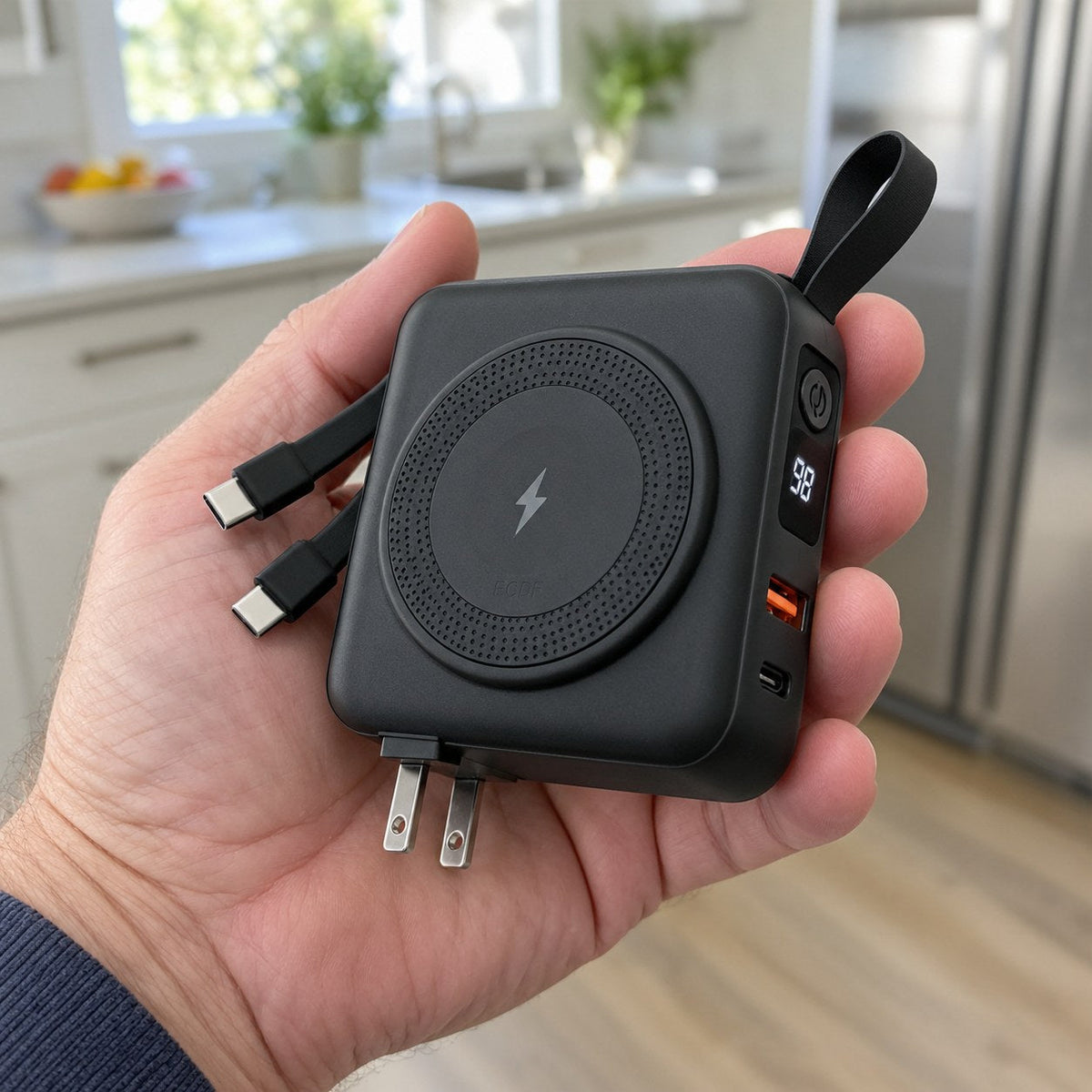 The ECDF power bank fits in the palm of a hand