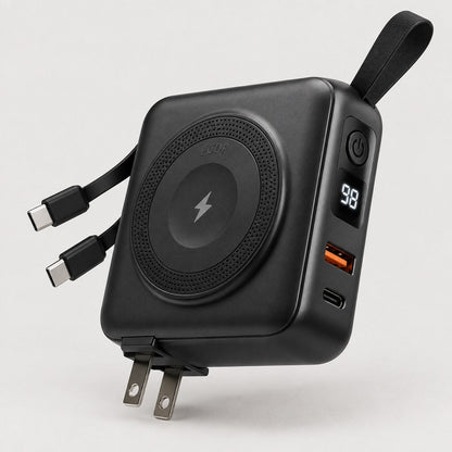 ECDF 5-in-1 Power Bank: wireless pad on the front, LCD and USB ports on the side, 2 built-in USB-C cables and a foldable wall plug