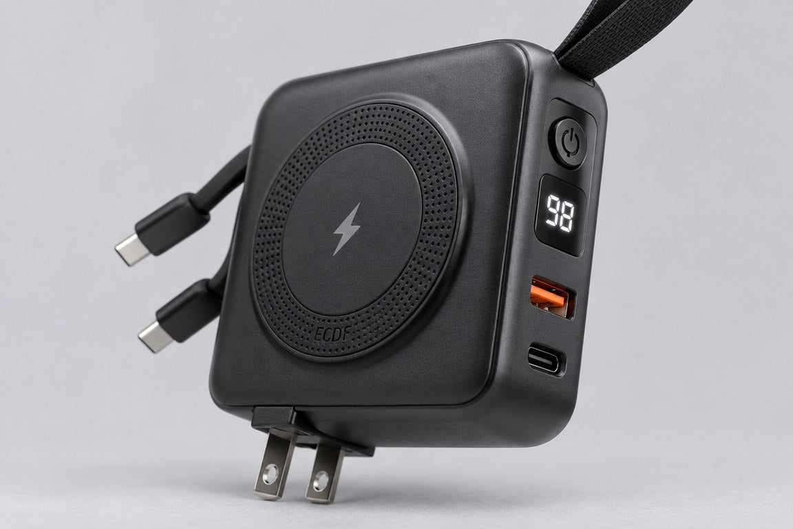 LCD battery display, USB-A and USB-C ports of the ECDF power bank