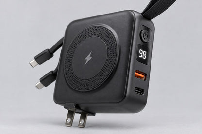 LCD battery display, USB-A and USB-C ports of the ECDF power bank