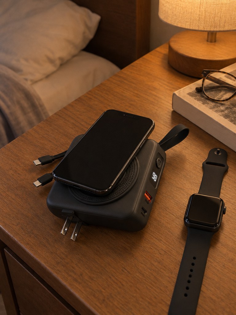 A phone charging on the wireless pad of the ECDF power bank on a bedside table