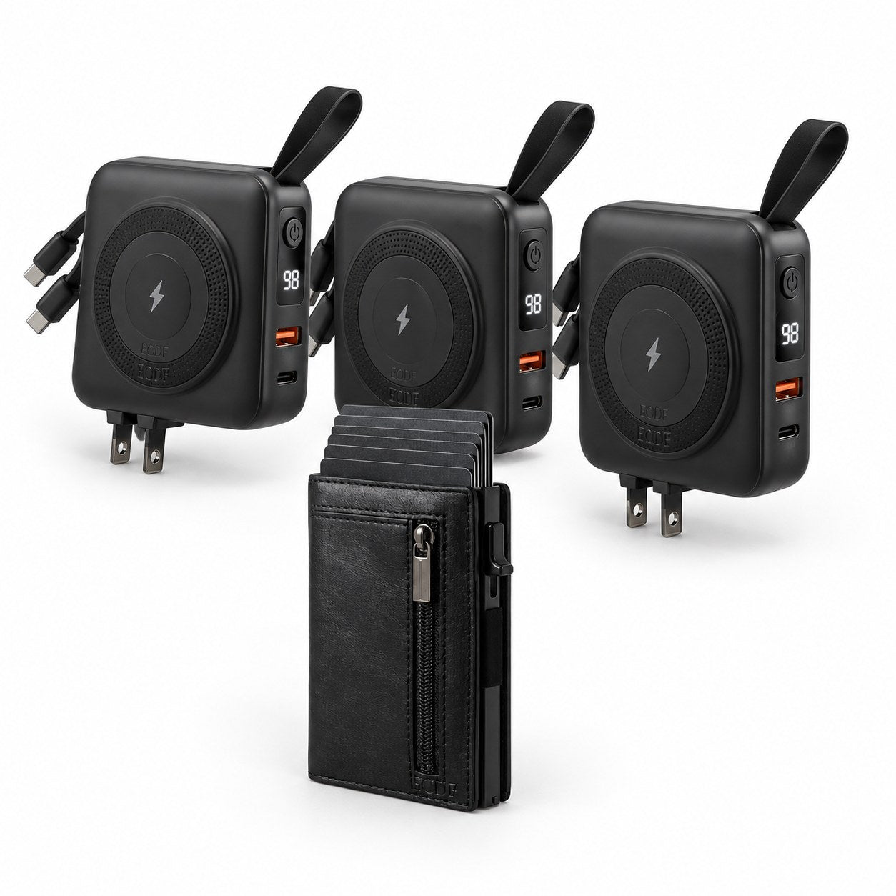 Three ECDF 5-in-1 Power Banks and a black ECDF Smart Wallet 2.0