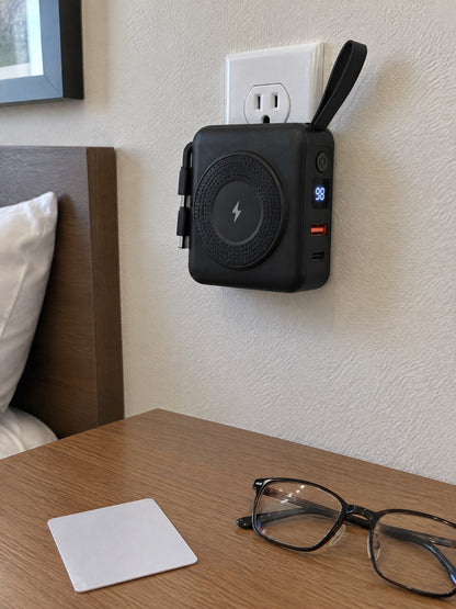 The ECDF power bank plugged straight into a wall outlet by its foldable plug