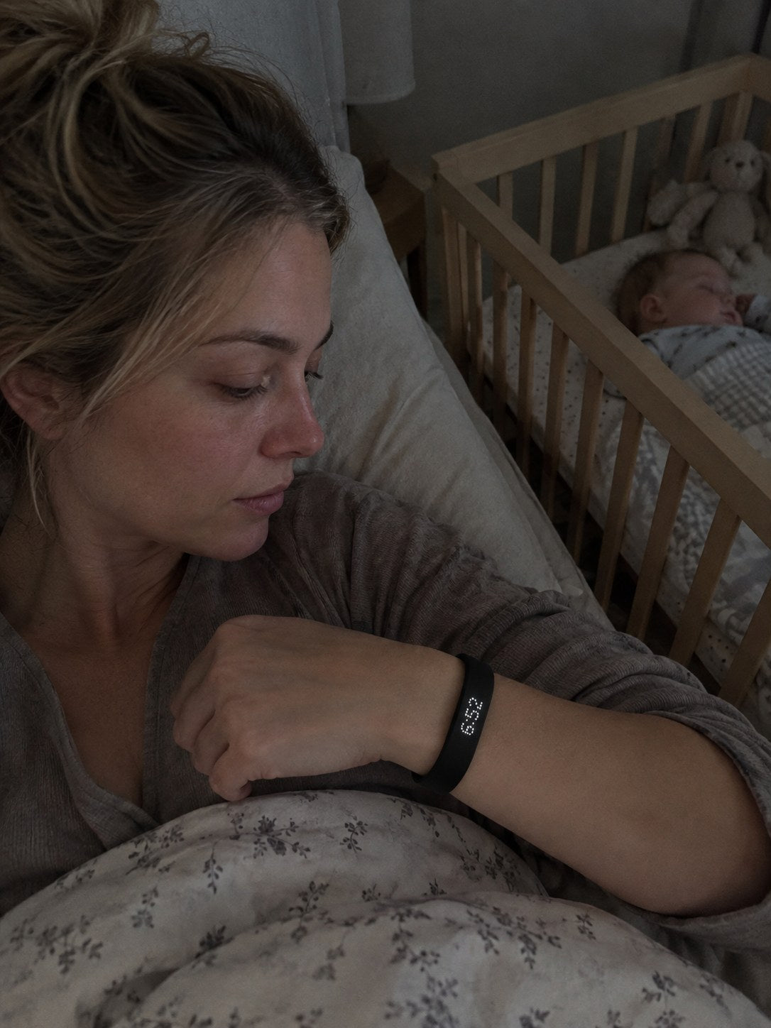 A mother wakes quietly wearing the ECDF wristband next to her sleeping baby