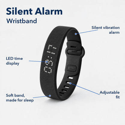 ECDF Silent Alarm Wristband features: silent vibration alarm, LED time display, soft band made for sleep, adjustable fit
