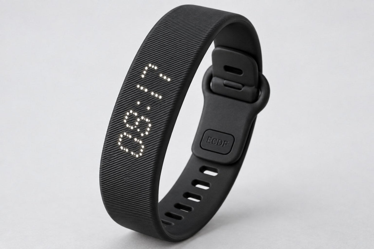Close-up of the ECDF wristband LED time display and clasp