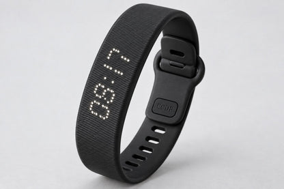 Close-up of the ECDF wristband LED time display and clasp