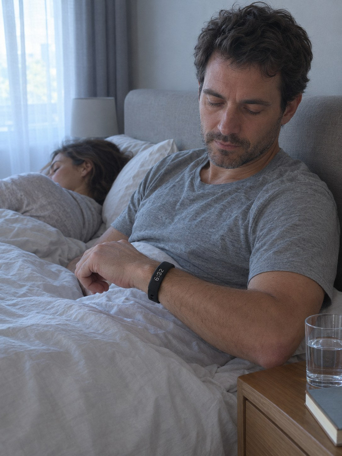 A man wakes up wearing the ECDF wristband while his partner keeps sleeping