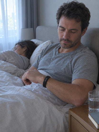A man wakes up wearing the ECDF wristband while his partner keeps sleeping