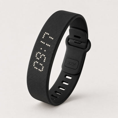 ECDF Silent Alarm Wristband: slim black band with an LED time display and an ECDF clasp