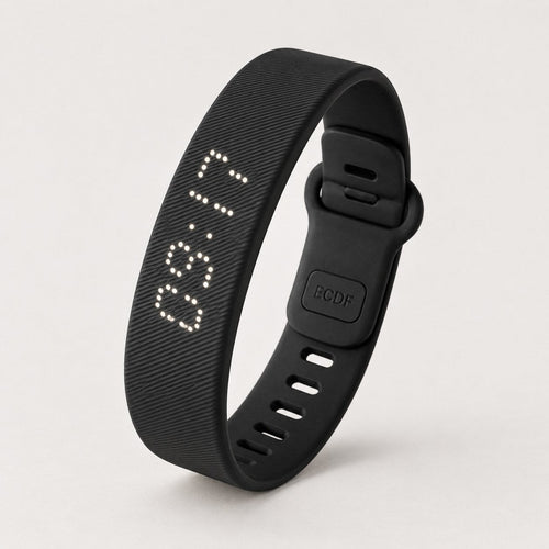 ECDF Silent Alarm Wristband: slim black band with an LED time display and an ECDF clasp