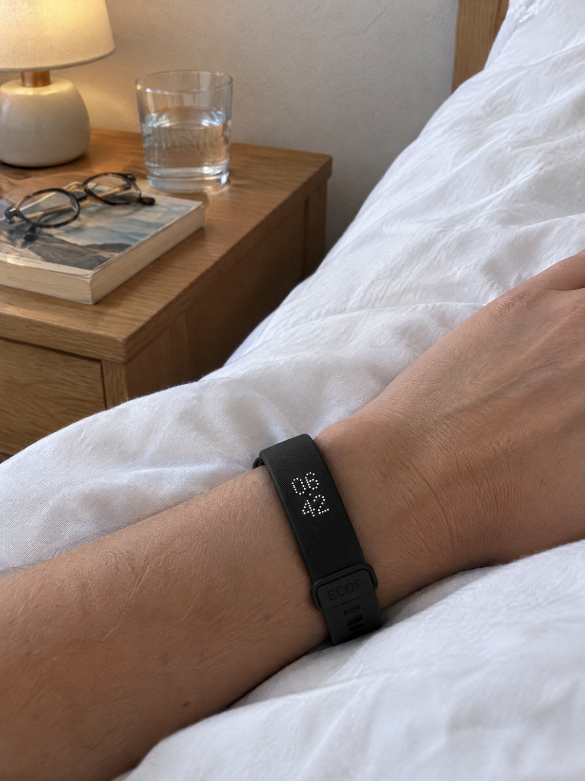 A phone-free bedside table and a wrist wearing the ECDF wristband