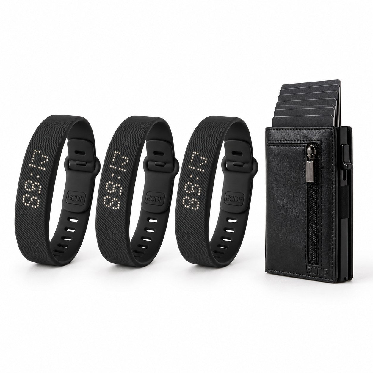 Three ECDF Silent Alarm Wristbands and a black ECDF Smart Wallet 2.0