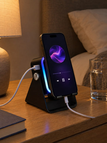 The ECDF Induction Speaker Stand on a bedside table at night, a cable from its side USB port charging the phone