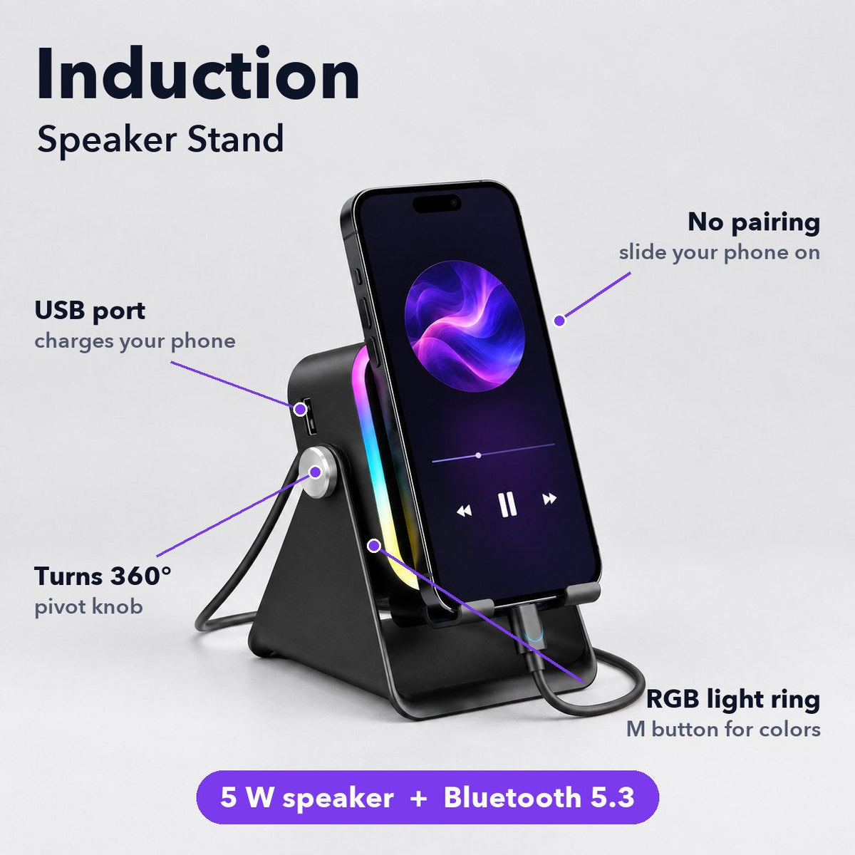 ECDF Induction Speaker Stand with its features labeled
