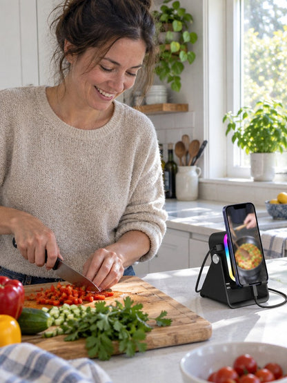A woman chopping vegetables in a bright kitchen, her phone playing a cooking video on the ECDF Induction Speaker Stand
