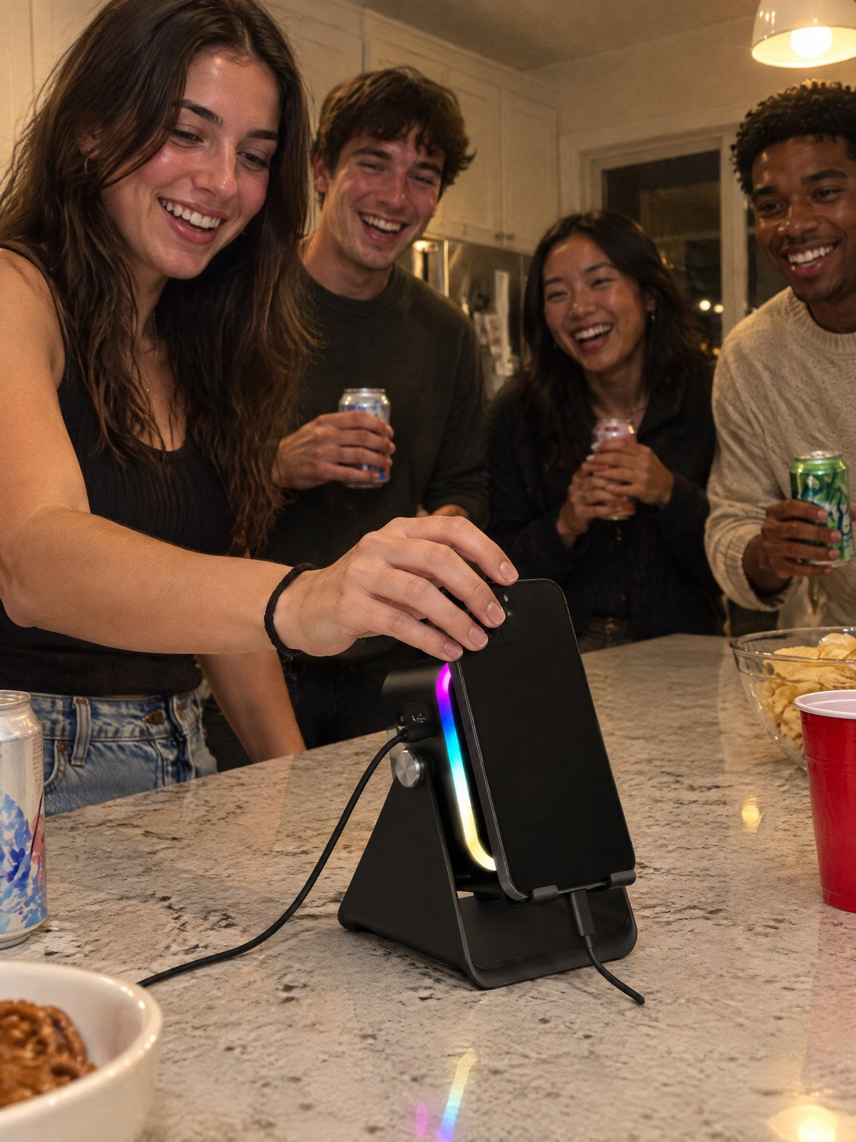 Friends at a kitchen party cheering while a young woman slides her phone onto the ECDF Induction Speaker Stand