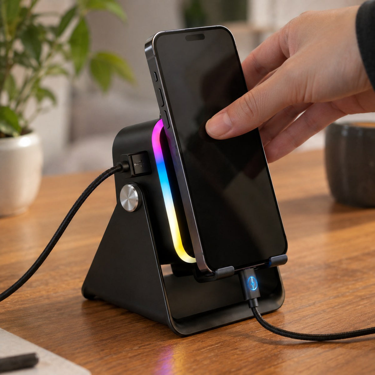 A hand sliding a phone onto the ECDF Induction Speaker Stand, the RGB arch lighting up