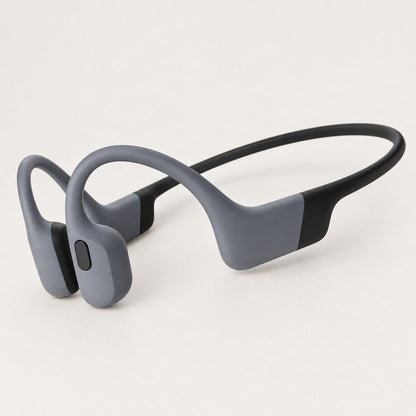 ECDF Open-Ear Swim Headphones: matte black band that wraps behind the head and slate-grey bone conduction pads