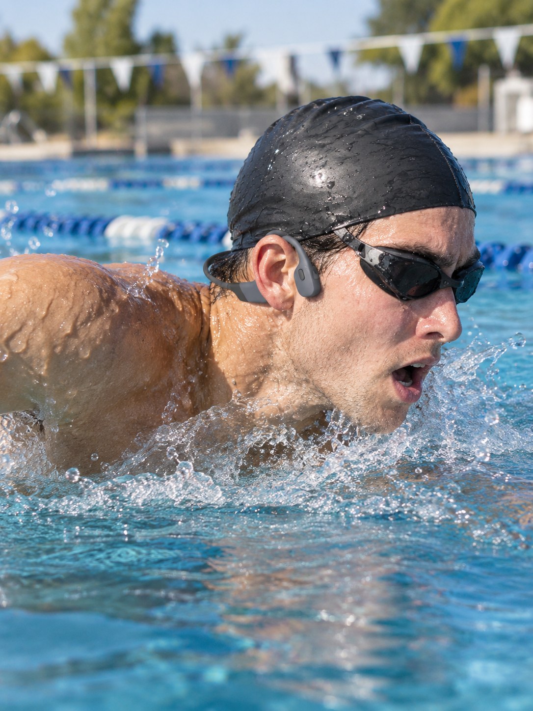 A swimmer doing laps in an outdoor pool wearing the ECDF Open-Ear Swim Headphones under his swim cap strap, pads in front of his ears