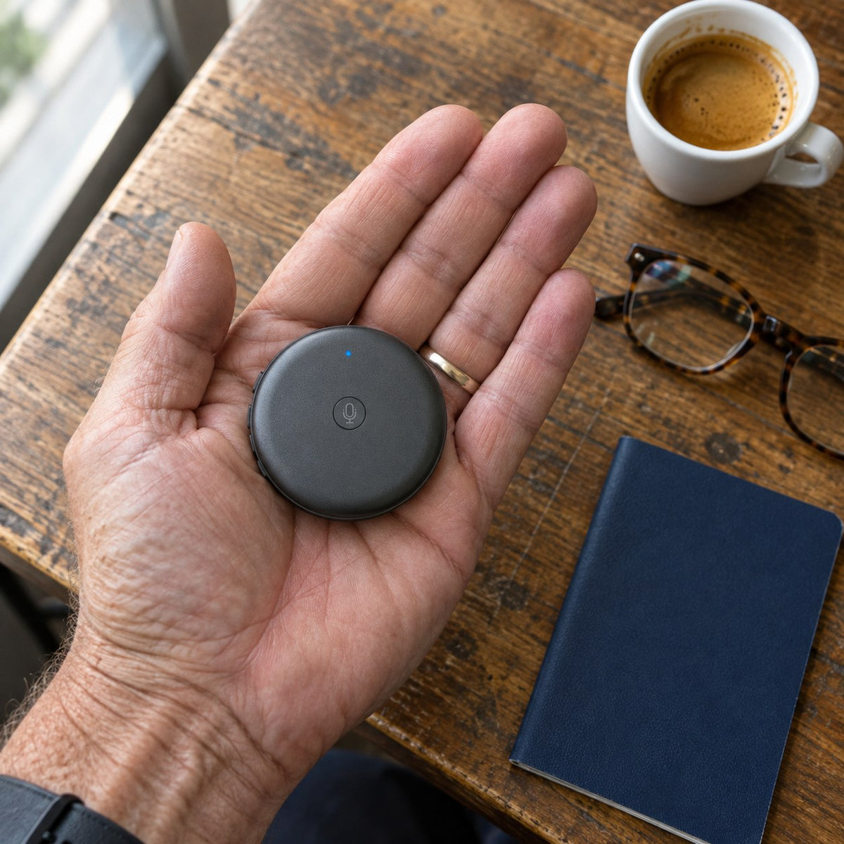 The ECDF translator resting in an open palm next to a passport, reading glasses and an espresso, showing how small it is