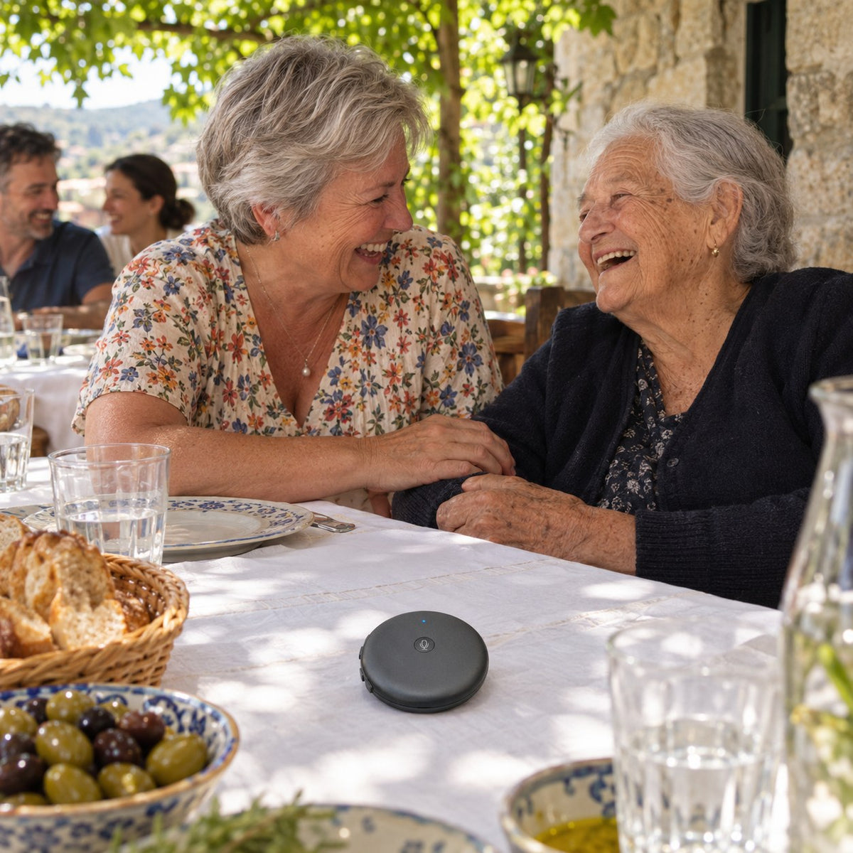 An American grandmother and an elderly relative abroad laugh together at a family lunch, the ECDF translator on the table between them