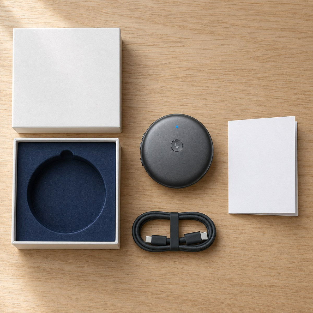 The ECDF translator laid out next to its open gift box, a charging cable and a card