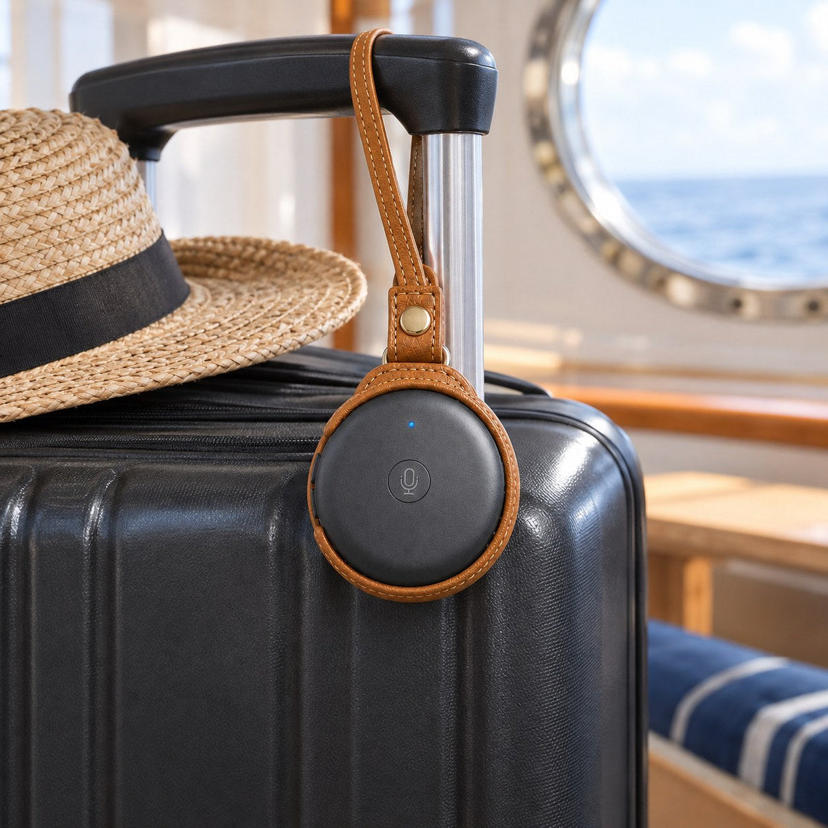 The ECDF translator in its tan carrying case, hanging from the handle of a carry-on suitcase in a ship cabin