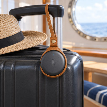 The ECDF translator in its tan carrying case, hanging from the handle of a carry-on suitcase in a ship cabin