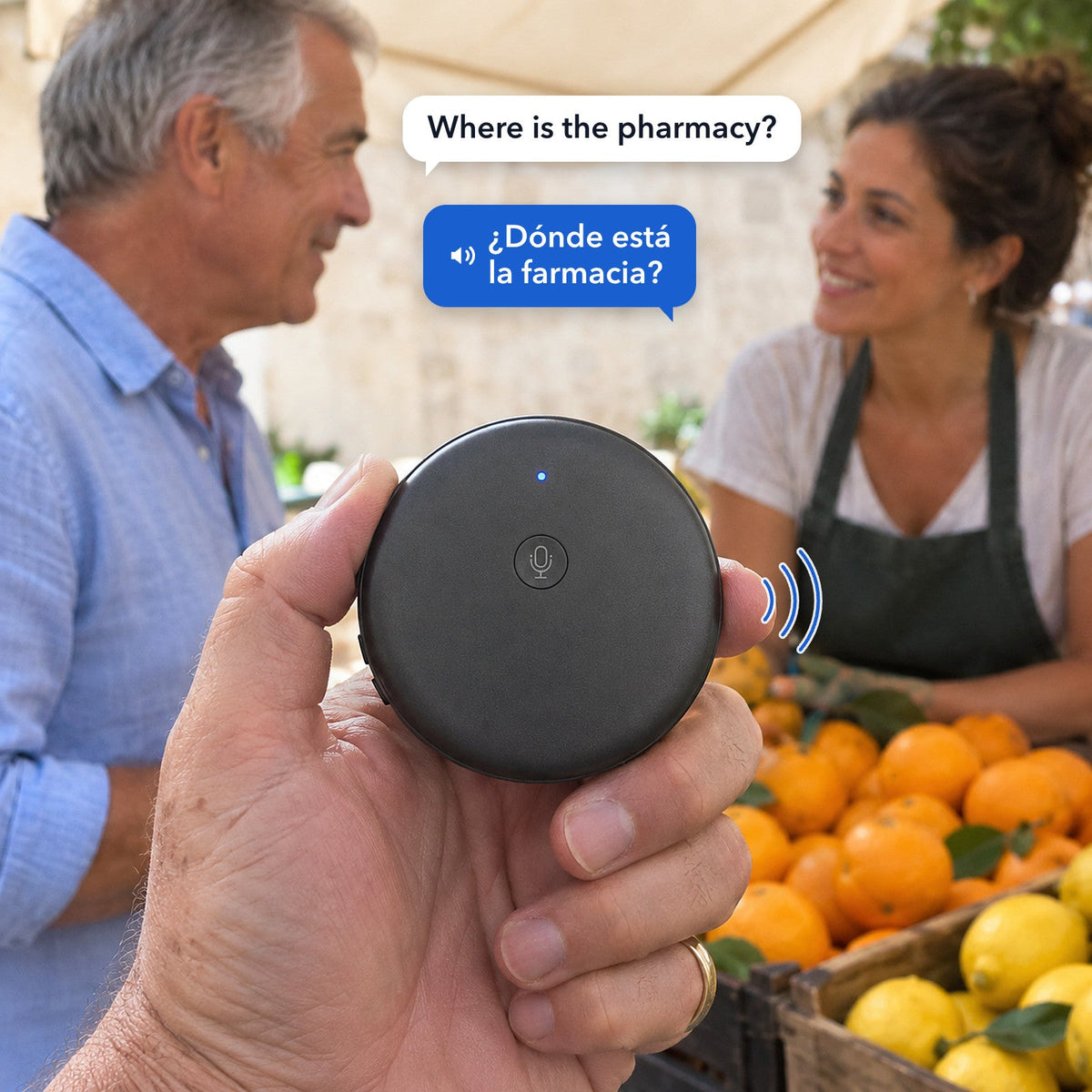 A traveler holds the ECDF translator between himself and a market vendor abroad; he asks in English, it says it out loud in Spanish