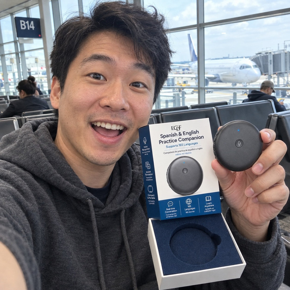 Selfie at the airport gate with the ECDF translator and its box