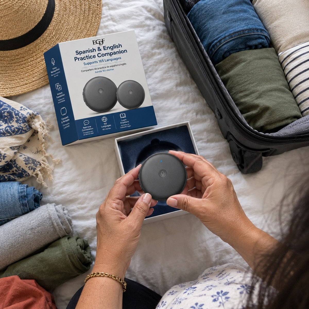 Packing for a trip: the ECDF translator in its open box on the bed next to a suitcase