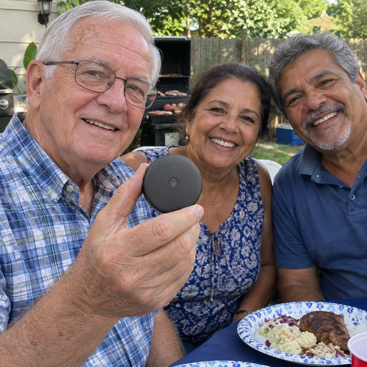 Backyard lunch with relatives: a man holds up the ECDF translator at the table