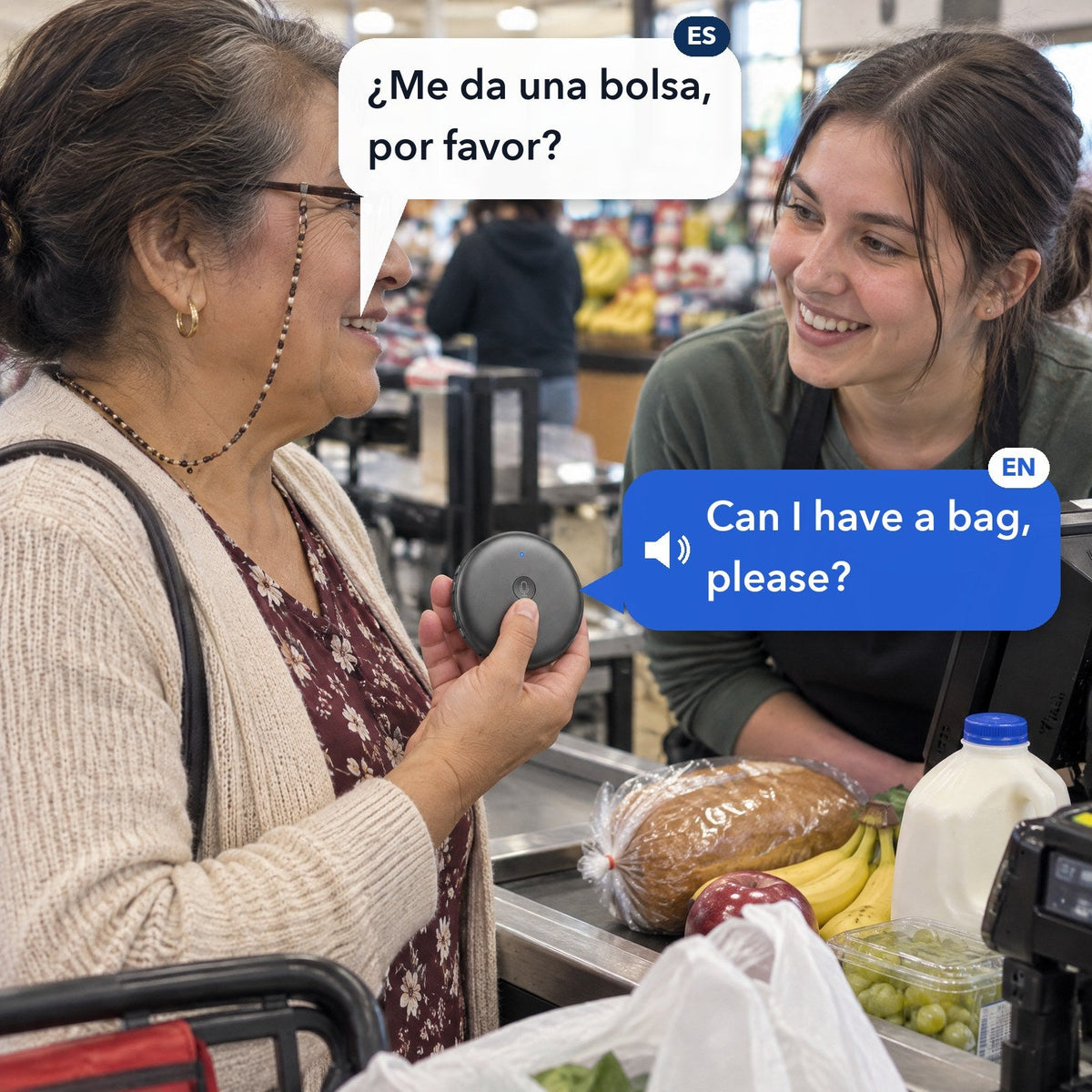 Una abuela habla con la cajera del supermercado: presiona el botón del traductor ECDF, que dice en inglés lo que ella dijo en español