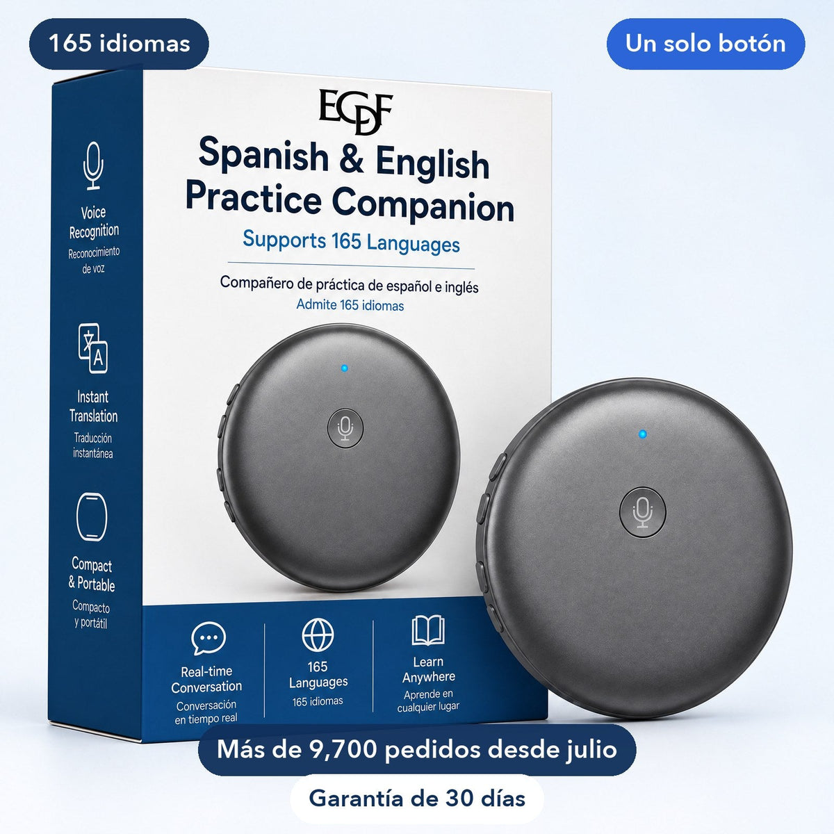 La caja del traductor ECDF, impresa en inglés y en español, junto al traductor redondo de un solo botón