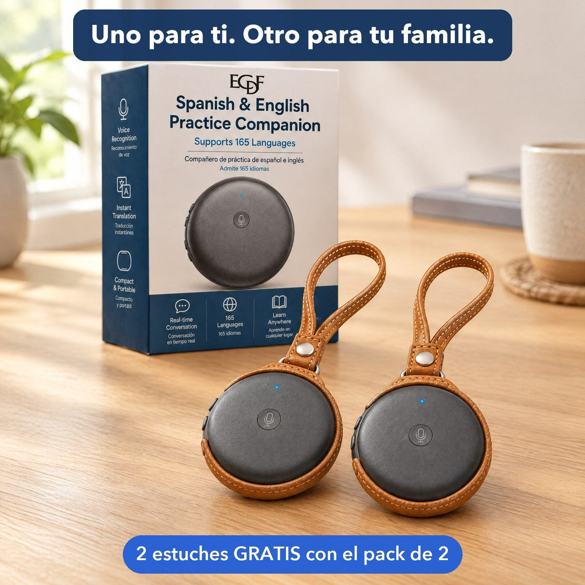 Dos traductores ECDF, cada uno en su estuche color camel, delante de su caja: el pack de 2 incluye los 2 estuches gratis