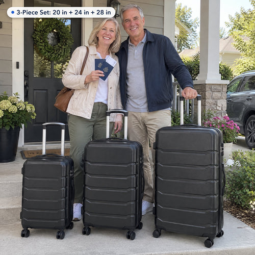 Couple on their front porch with the black 3-piece hardside spinner luggage set: 20 in, 24 in and 28 in cases