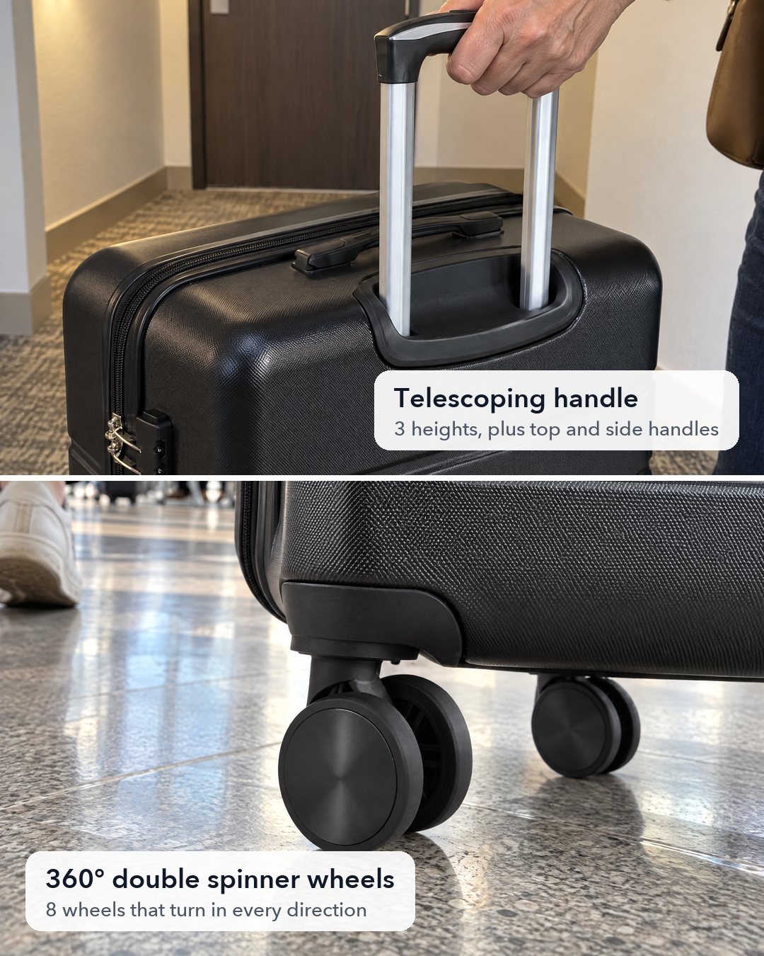 Black hardside spinner suitcase: telescoping handle held in a hotel hallway, and double spinner wheels on an airport floor