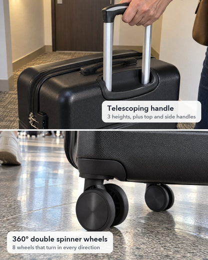 Black hardside spinner suitcase: telescoping handle held in a hotel hallway, and double spinner wheels on an airport floor