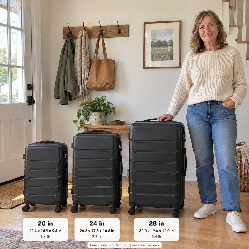 The 20 in, 24 in and 28 in black cases in a row next to a woman, with each size's dimensions and weight