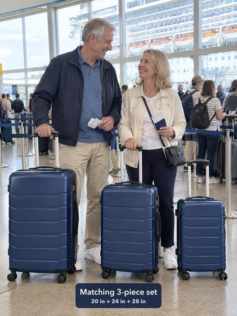 A couple in their sixties at a cruise terminal check-in with the blue 3-piece set