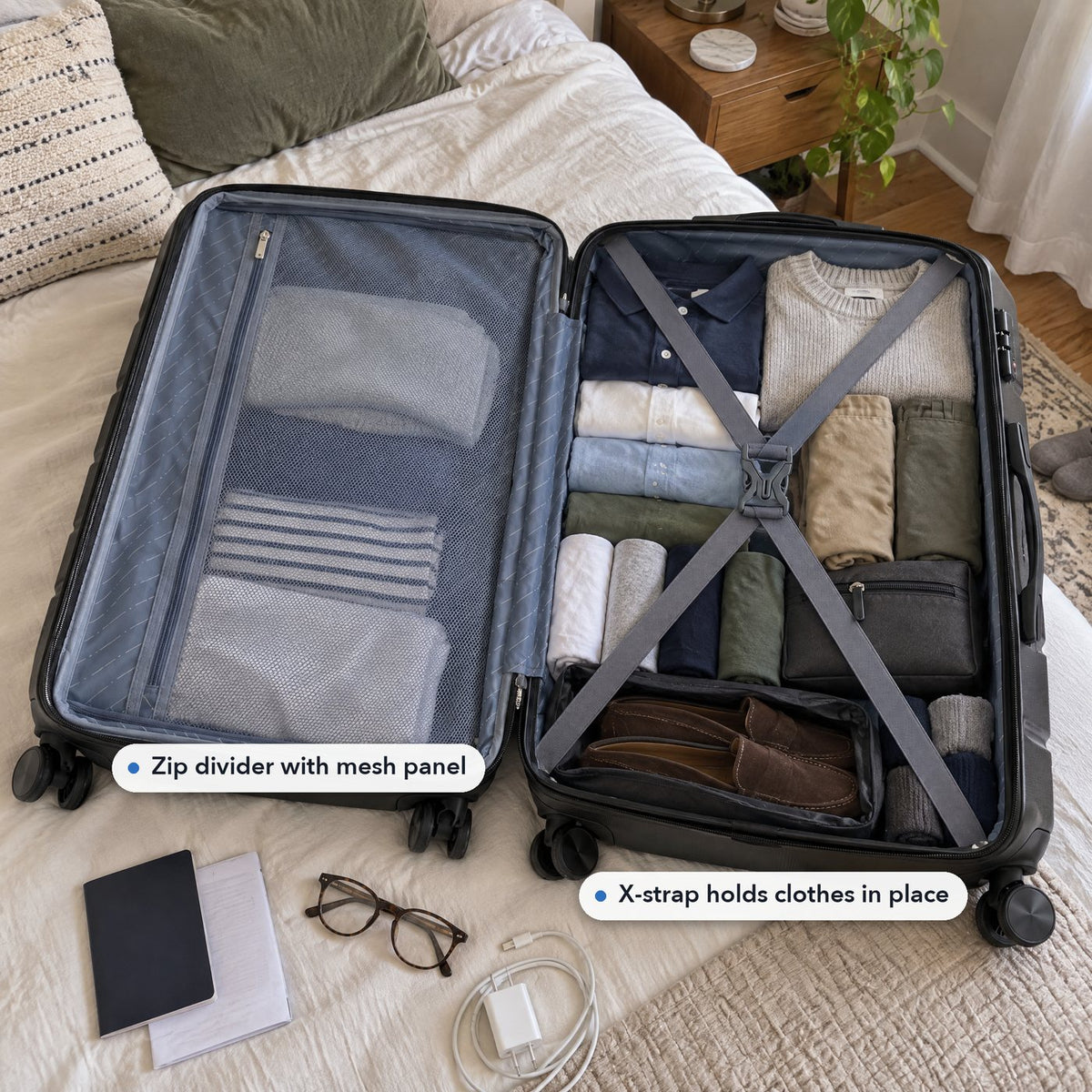 Black hardside suitcase open on a bed: zip divider with mesh panel on one side, X-strap with buckle on the other
