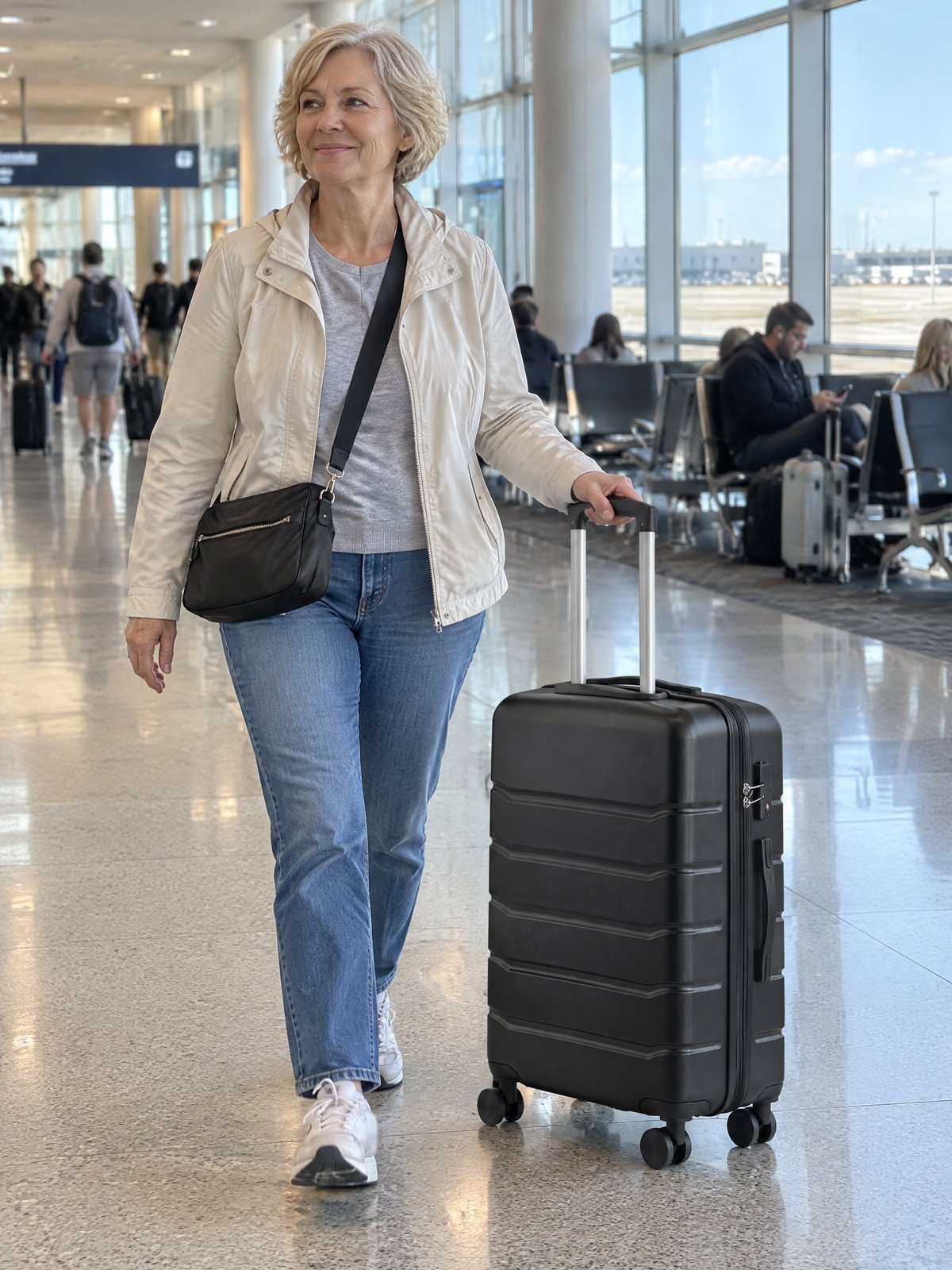 Woman walking through an airport pulling a single black hardside spinner suitcase