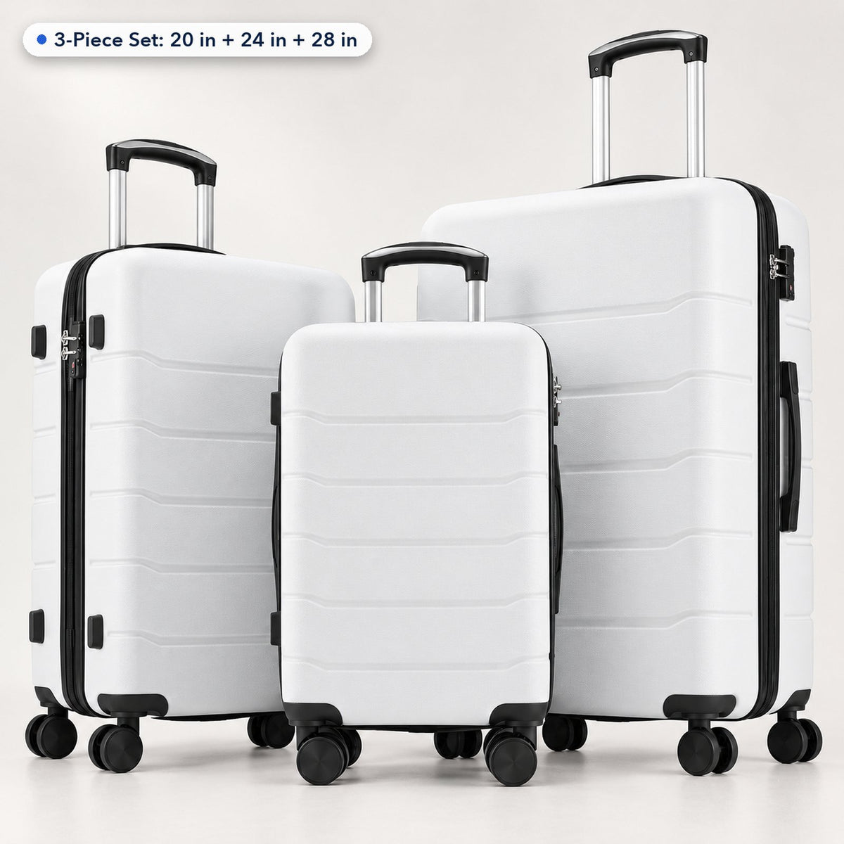 White 3-piece hardside spinner luggage set: 20 in, 24 in and 28 in cases